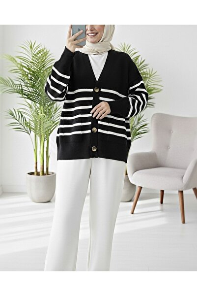 Modamorfo Cardigan cu nasturi cu dungi cu buzunar dublu