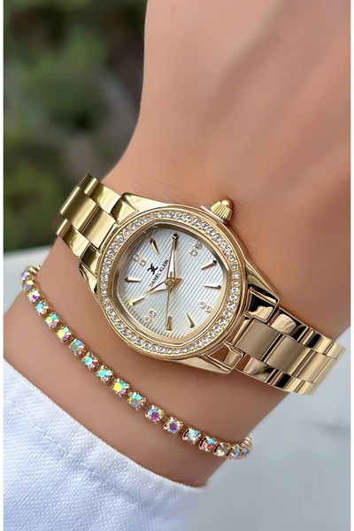 Daniel Klein Orijinal Kadın Kol Saati Oval Taşlı Altın Renk Bileklik Hediyeli