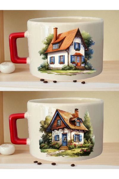 lili hediyelik طقم فناجين قهوة مكون من قطعتين مع صورة منزل ريفي - هدية يوم ال...