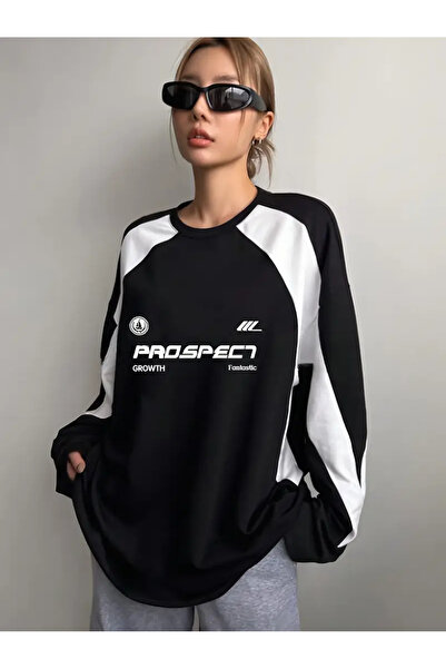 Touz سترة رياضية بياقة دائرية كبيرة الحجم للجنسين مطبوعة باللون الأسود من Y2K Streetwear