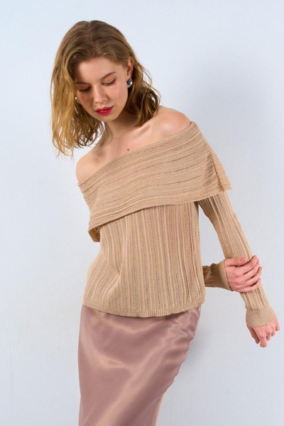 My Blog Bej İnce Kayık Yaka Madonna Triko Bluz - 241036