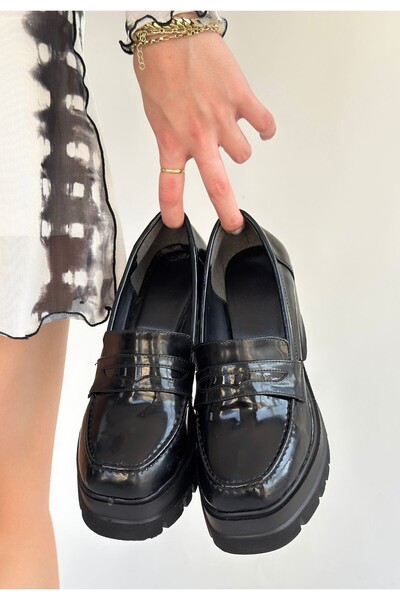 BESKAR Janes Black Patent Leather Wedge Heel Shoes