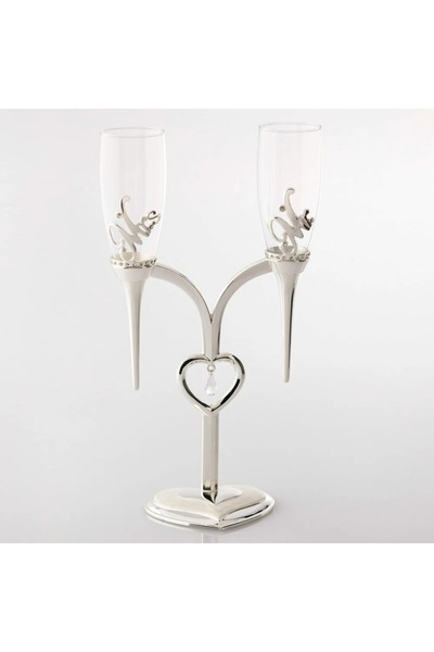ORIAN طقم كؤوس زفاف على شكل قلب فضي