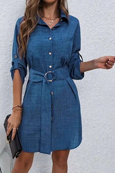 Mossta Сукня з ґудзиками та поясом, детально оздоблена, імпортна лляна тканина - синя