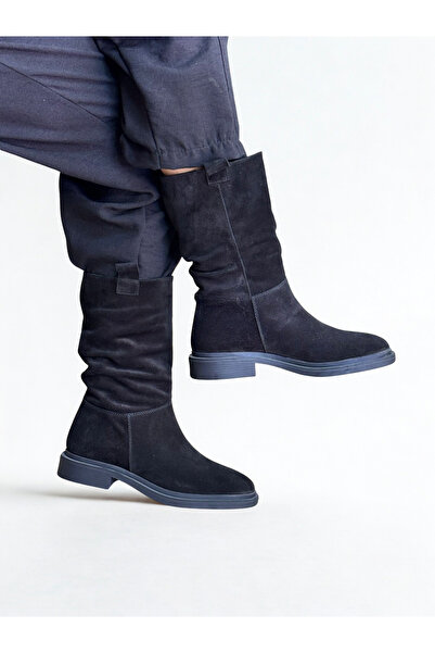 NE&VE SHOES Siyah Süet Hakiki Deri Körüklü Rahat Kadın Günlük Çizme