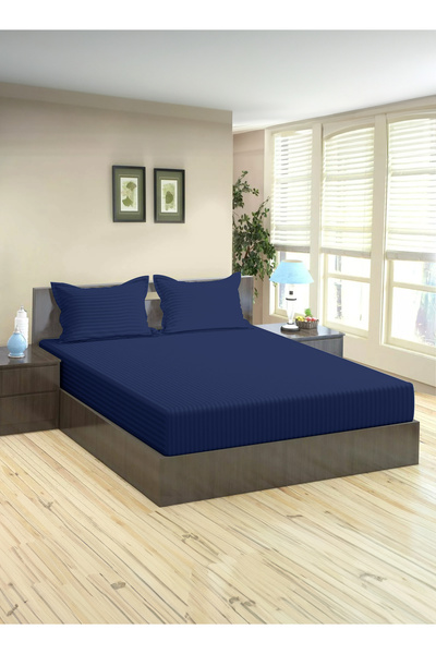 American Linen Queen Size Striped Fitted Elastic Bedsheet with 2 Pillow Cases 180 x 200 Cm (Navy Blue)