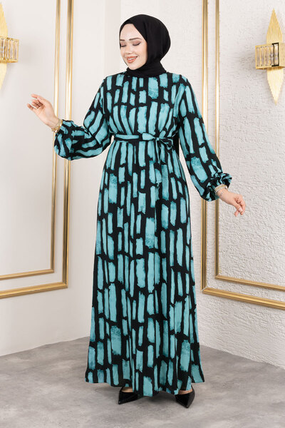 Tesettür Dünyası Bisiklet Yaka Viskon Elbise TSD250218 Mint Yeşili