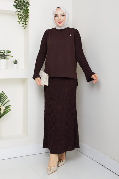 Pamuk Butik Women's Mercerized Knitted Two-Piece Set with Brooch and Skirt