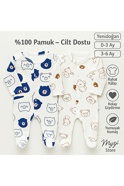 MYZİ STORE Дитячий комбінезон – 100% бавовна, приємний для шкіри, 0-1 / 0-3 / 3-6 місяців – (малюнок ведмедик і квіти)