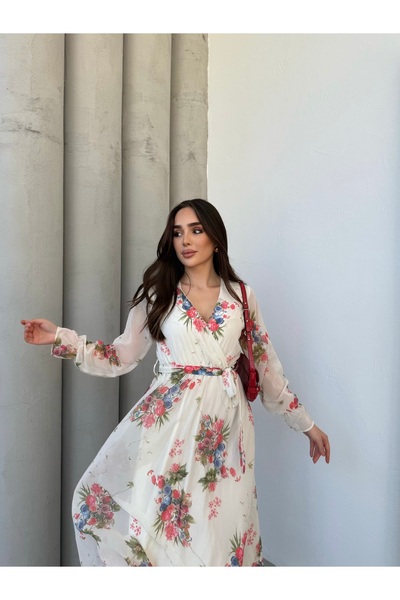 UMSA MODA BAHAR DESENLİ KRUVAZE YAKA KREM ŞİFON ELBİSE