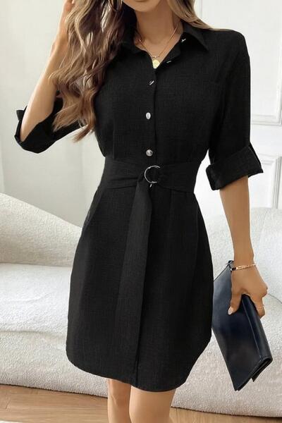 Mossta Buttoned Belt Detailed Imported Linen Dress - Black