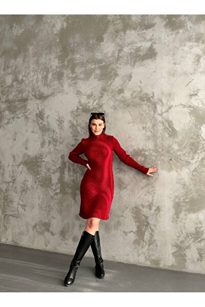 Bella Breeze Γυναικείο φόρεμα κοτλέ με ψηλό λαιμό, πλεκτό ύφασμα, μήκους μίντι