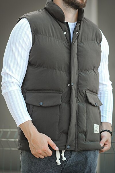 since 1990 man Manoctave Waterproof Hooded Pocket Label Detailed Stand Collar Men's Puffer Vest