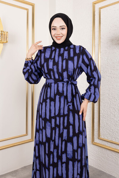 Tesettür Dünyası Bisiklet Yaka Viskon Elbise TSD250218 Mor