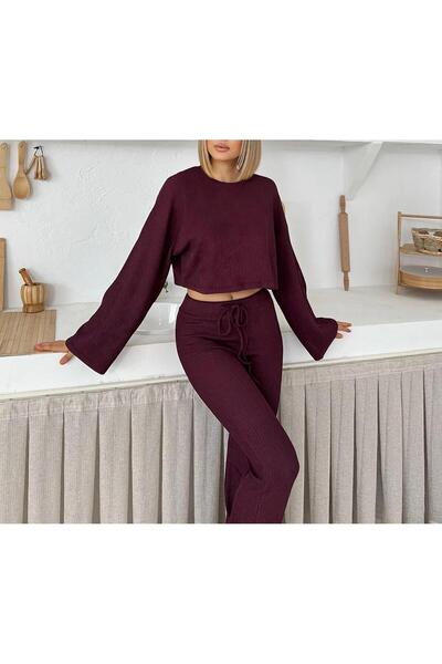SUYA US WEAR Women's Ribbed Fabric Two-Piece Set Crop Sweatshirt and High-Waisted Pants