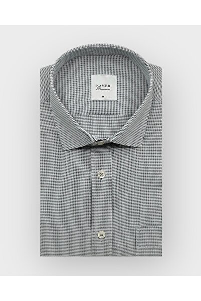 KAMER Men's Regular Fit Long Sleeve Classic Collar Single Pocket Patterned Gray Shirt 3513g1