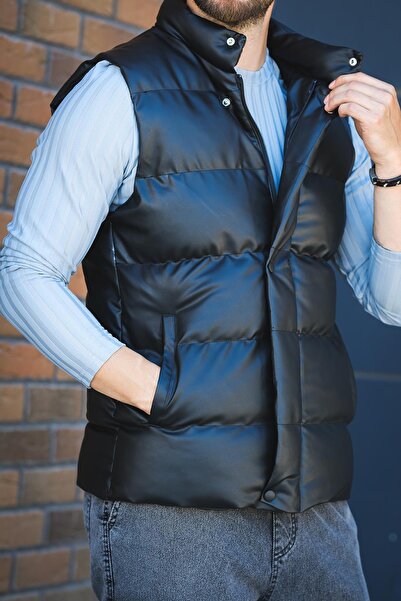 since 1990 man Manoxfo Waterproof Stand Collar Men's Puffer Leather Vest with Pockets