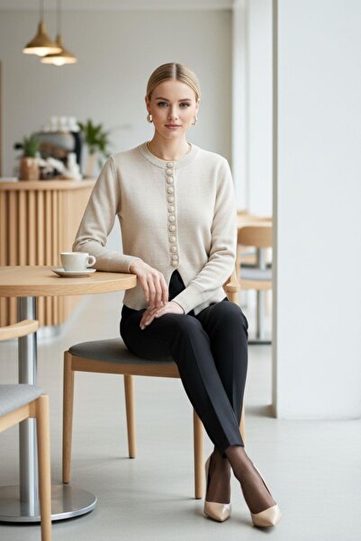 Mossta Buttoned Asymmetrical Cut Knitwear Cardigan - Beige