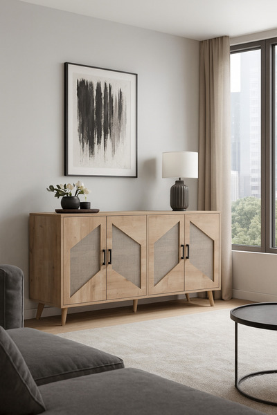 Onouqo Haven 160cm İskandinav Jüt Kumaşlı %100 Mdf Konsol, Tv Ünitesi, Tv Sehpası G160xY85xD37