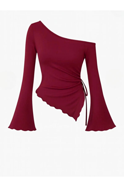 MOONBULL Women's Asymmetrical Cut Side Gathered Winter Long Spanish Sleeve Blouse