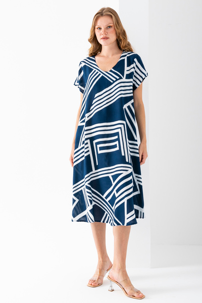 GİYSA Women's V-Neck Geometric Pattern Cotton Dress Navy Blue - 25Y F510