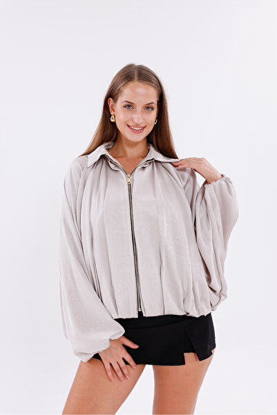 Moda Palmiss Women's Beige Zippered Loose Fit Satin Bomber Jacket