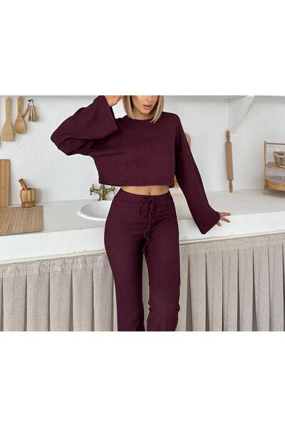 SUYA US WEAR Women's Ribbed Fabric Two-Piece Set Crop Sweatshirt and High-Waisted Pants