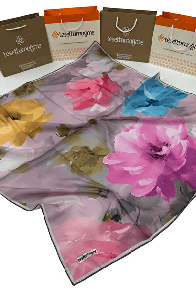 Tesettürnağme Eșarfă din bumbac moale TN2007 Motiv floral Liliac-Pudra-07