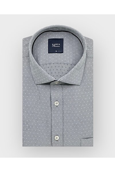 KAMER Men's Regular Fit Long Sleeve Classic Collar Single Pocket Patterned Light Gray Shirt 3684g