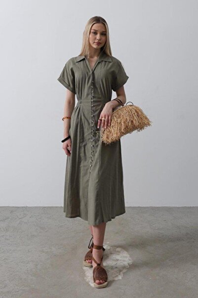 novafems Κοντομάνικο φόρεμα με κουμπί μπροστά Χακί