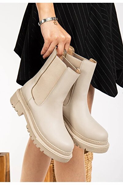 SH SİLVER MODA Γυναικείες μπότες μπεζ με ελαστικό πλαϊνό μέρος Γυναικείες μπό...