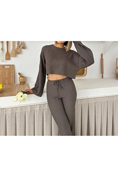 SUYA US WEAR Women's Ribbed Fabric Two-Piece Set Crop Sweatshirt and High-Waisted Pants