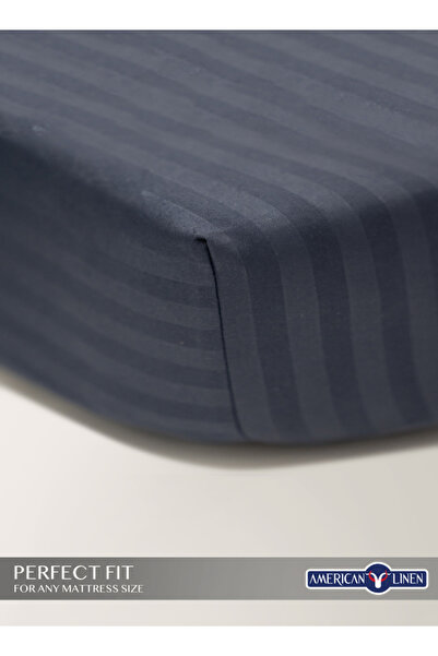 American Linen Queen Size Striped Fitted Elastic Bedsheet with 2 Pillow Cases 180 x 200 Cm (Navy Blue)