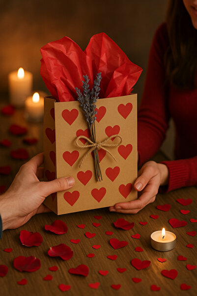 HDF PAZARLAMA KALP DESENLİ 50 ad 18*8*24 sapsız Kraft Sunumluk Kese Kağıdı (DÜĞÜN, NİŞAN, KINA VS)