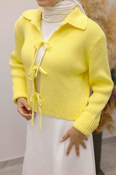 Tesettür Dünyası Lace-Up Knitwear Cardigan Tsd250220 Yellow