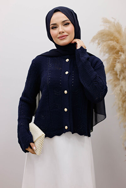 Tesettür Dünyası Embroidered Perforated Knitwear Cardigan Tsd250227 Navy Blue