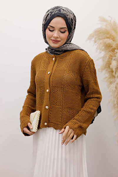 Tesettür Dünyası Embroidered Perforated Knitwear Cardigan Tsd250227 Tan