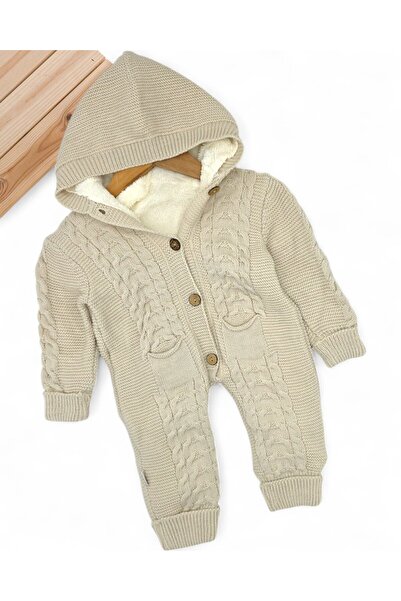 Ege Bebek Winter Knitwear Baby Romper, Welsoft Inside, Buttoned, Hooded, Thick Plush Romper for 3-6-9-12 Months