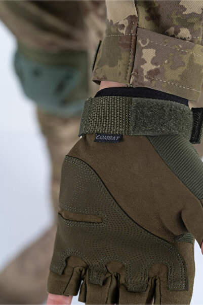 COMBAT Tactical Outdoor Cut Fingerless Gloves Soldier Police Sportsman Cyclist Green Bone Glove