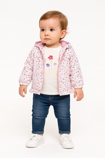 RAPAPA Baby Girl 3-Piece Combination – Floral Patterned Coat, Printed Long Sleeve T-Shirt and Denim Pants 243254