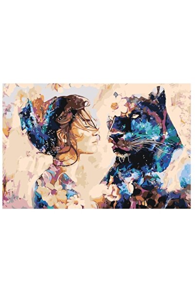 Painting by numbers Set pictura pe numere femeie cu o pantera, panza bumbac pe rama lemn, 90x120 cm, 3 pensule si vopsea