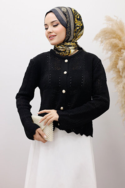 Tesettür Dünyası Embroidered Perforated Knitwear Cardigan Tsd250227 Black