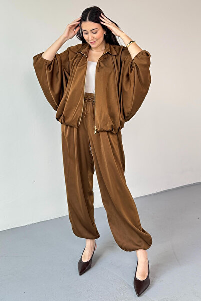 Cappmoda Pnt-07420 Brown Satin Relax Fit Elastic Waist Baggy Trousers