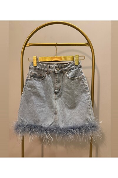 AYDINDOKUMA Malibu Feather Denim Skirt Faux Feather Jeans