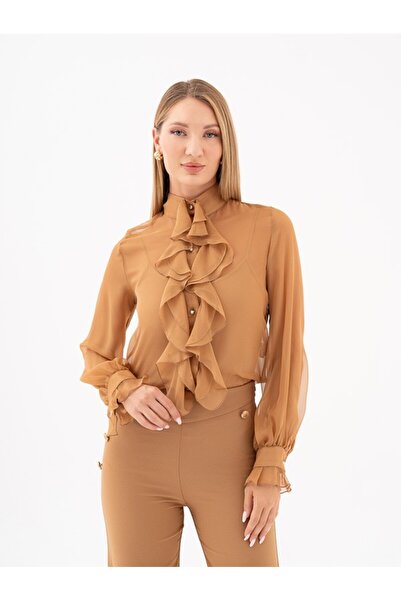 SERPİL Şifon Kumaş Kol ve Yaka Fırfır Detaylı Hakim Yaka Gömlek 39207