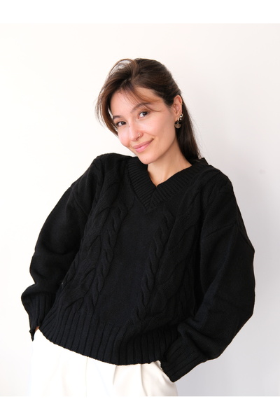 Butik سترة Una Fiaba-Siyah النسائية ذات الرقبة على شكل حرف V ذات ملمس ناعم ومحبوك للشعر