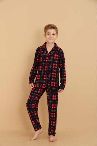 zahider Erkek çocuk pamuklu ekoseli süet düğmeli pijama takımı (bir beden büyük alabilirsiniz)