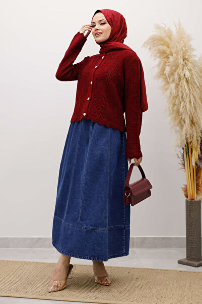 Tesettür Dünyası Embroidered Perforated Knitwear Cardigan Tsd250227 Claret Red