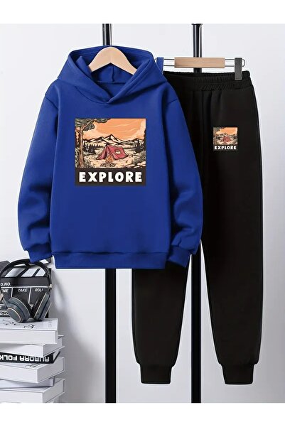 Cevval Детски комплект с качулка и спортен екип с принт, 3-слоен шерпа за есен/зима