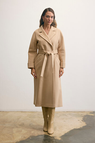 KENT Belted Double Breasted Long Open Camel Coat